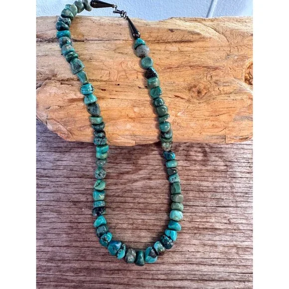 Vintage Turquoise Nugget Bead Necklace Sterling Silver Ends Hook Clasp Southwest - Picture 10 of 11